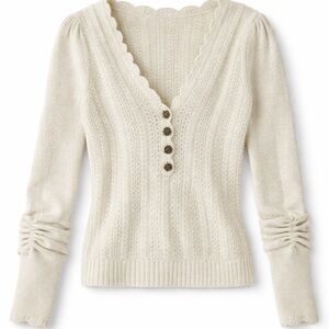 Anthropologie Scallop V-Neck Pointelle Sweater